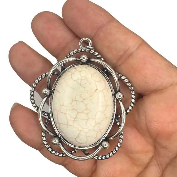 Oval White Howlite Turquoise Pendant With Silver-Tone Rope & Filigree Frame - Picture 5 of 6